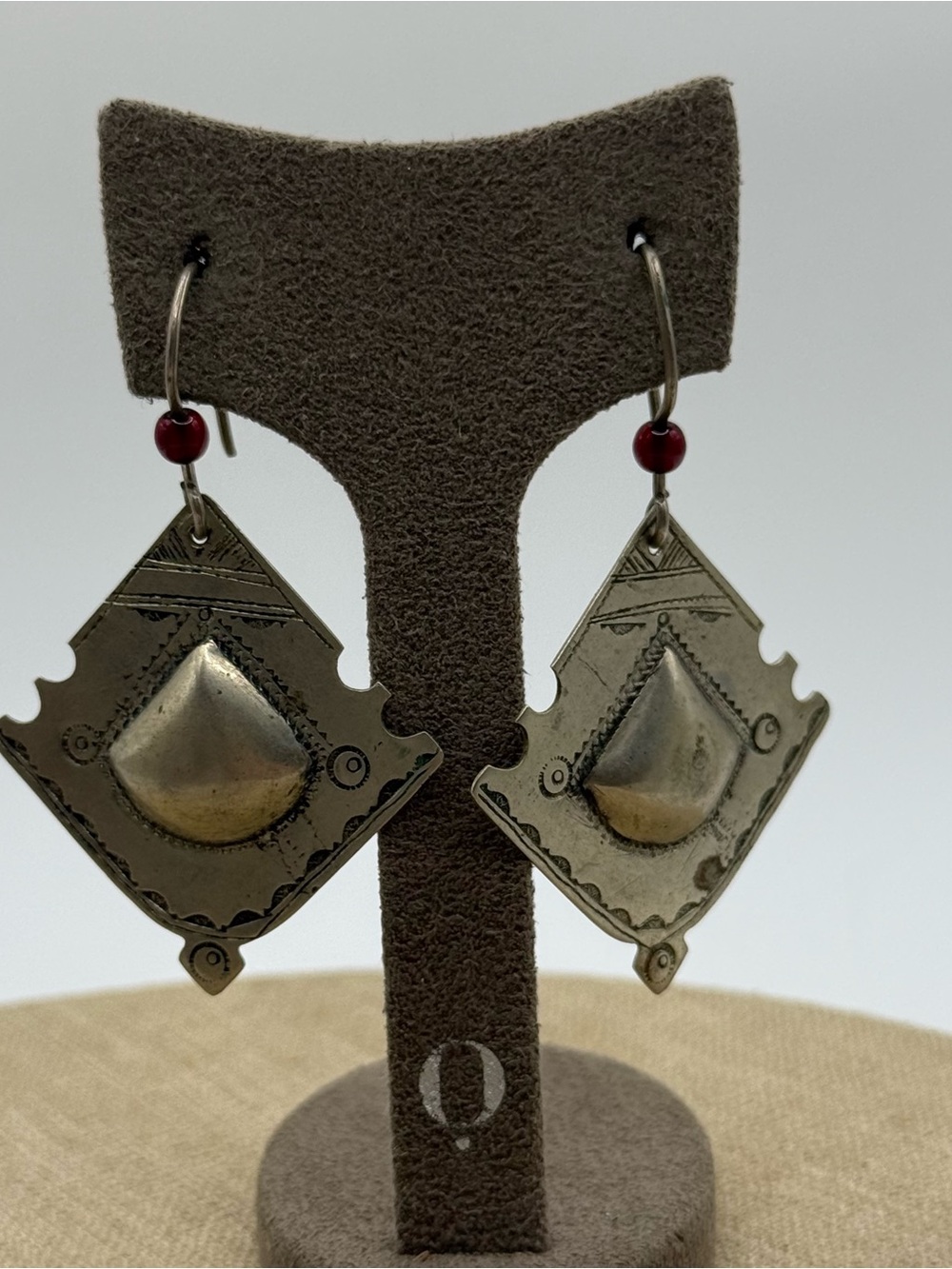 silver Style Geometric Drop Earrings in Silver with Red Accent - Picture 2 of 5